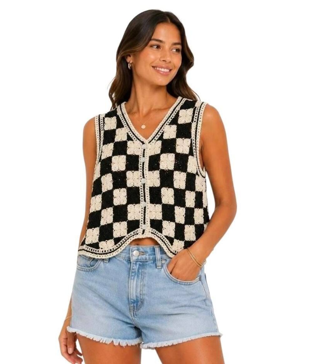 Vintage-Inspired Black and White Checkerboard Crochet Sweater Vest